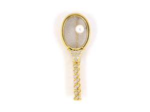 23803 - Circa 1970s Kurt Gaum Gold Diamond Pearl Tennis Racket Pin