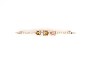 23820 - Art Deco Platinum Gold Precious Topaz Pearl Bar Pin