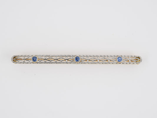 23846 - Art Deco Krementz Platinum Gold Sapphire Filigree Bar Pin