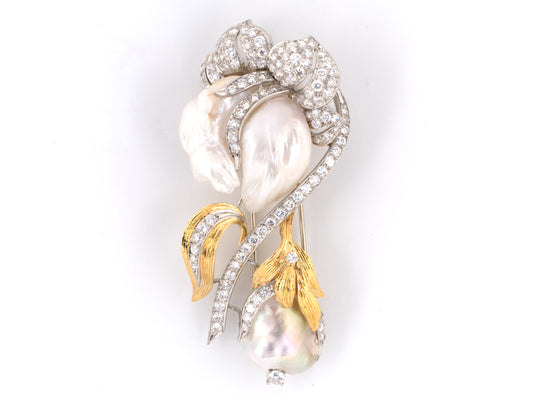 23861 - SOLD - Circa 1955 Ruser Platinum Gold Pearl Diamond Floral Pin