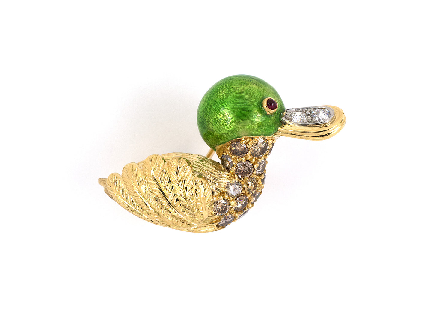 23875 - SOLD - Carvin French Gold Platinum Diamond Ruby Enamel Duck Pin