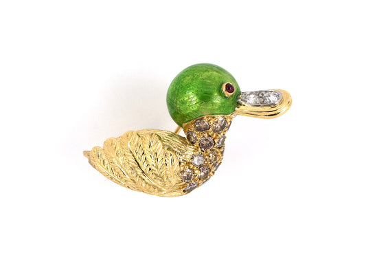 23875 - SOLD - Carvin French Gold Platinum Diamond Ruby Enamel Duck Pin