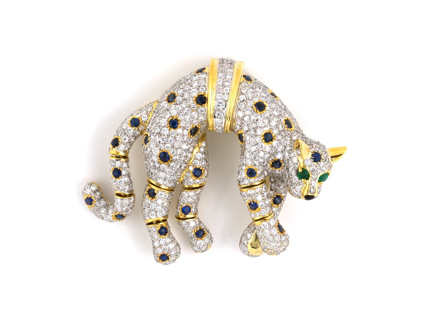 23897 - SOLD - Gold Diamond Sapphire Emerald Onyx Panther Pin Pendant