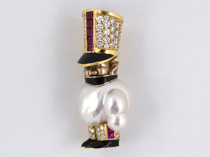 23918 - Circa 1990 Carvin French Gold Baroque Pearl Diamond Ruby Enamel Russian Guard Clip Pin