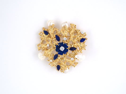 23941 - Circa 1960s Gold Baroque Pearl Lapis Diamond Cluster Spray Pin Pendant