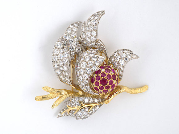 23957 - Platinum Gold Diamond Ruby Carved Branch Floral Pin