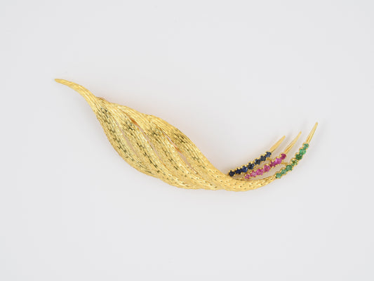 23974 - Gold Sapphire Ruby Emerald Leaf Feather Pin