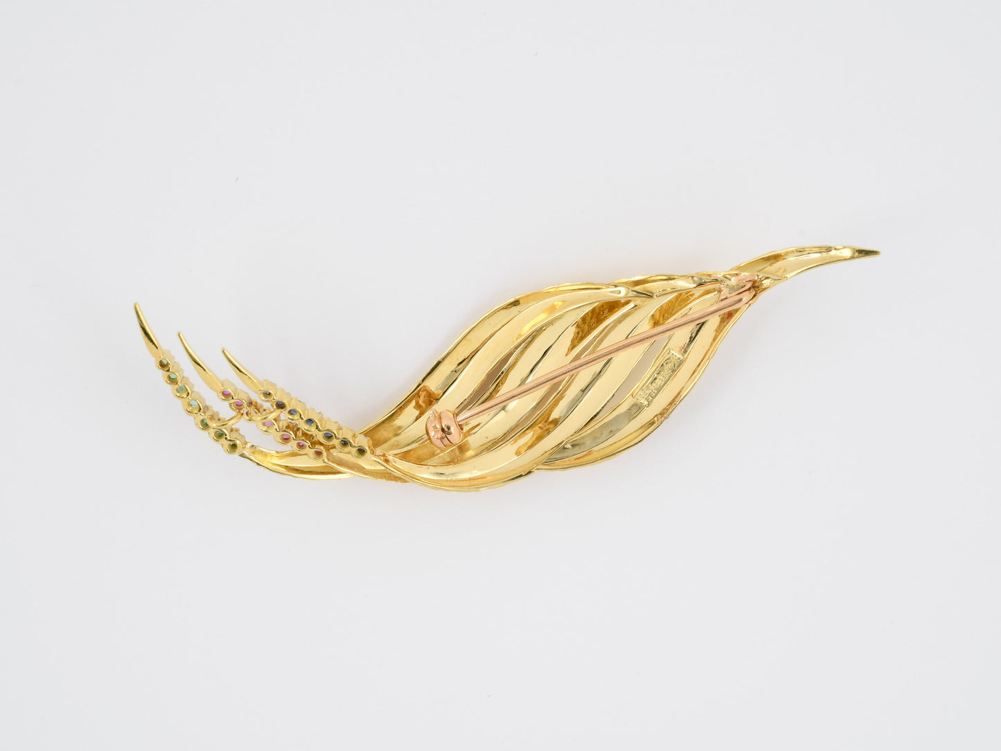 23974 - Gold Sapphire Ruby Emerald Leaf Feather Pin