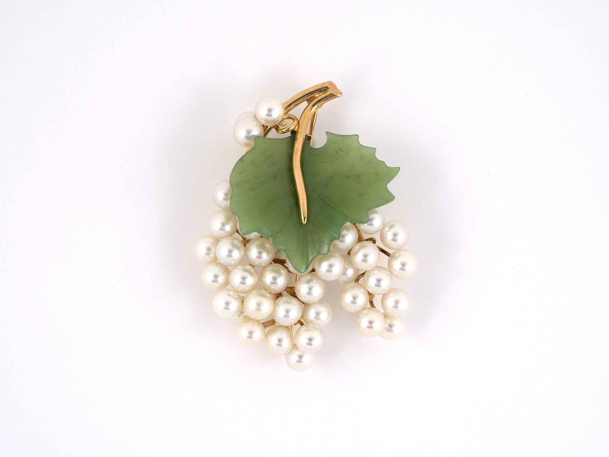 Floral Design Pearl & Jade Brooch/Pin 14K Yellow Gold