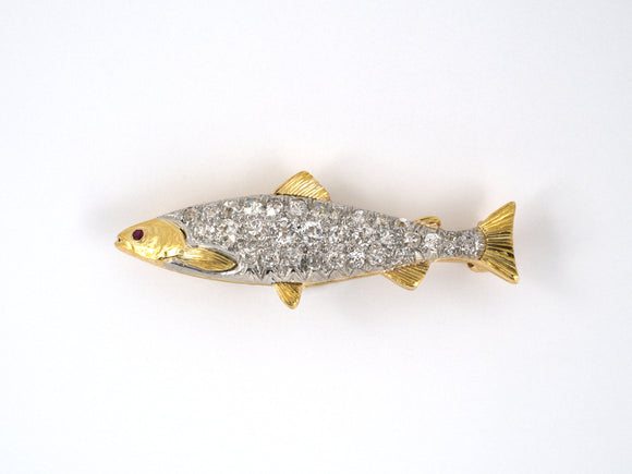 24048 - Victorian Gold Platinum Diamond Ruby Trout Fish Pin