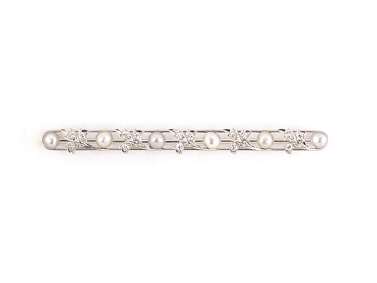 24051 - Edwardian Cresarrow Platinum Diamond Pearl Floral  Pin
