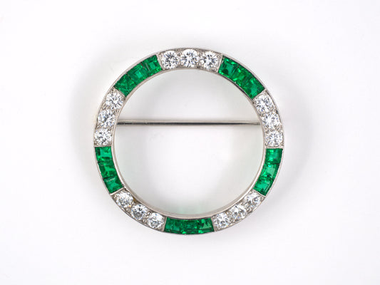 24061 - SOLD - Circa 1950, Yard Platinum Diamond Emerald Circle Pin