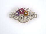 24062 - Art Deco Krementz Platinum Gold Diamond Amethyst Citrine Tourmaline Moonstone Tutti Frutti Floral Basket Pin