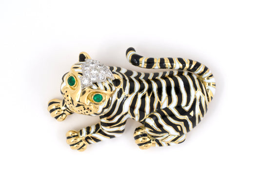 24077 - SOLD - Webb Gold Platinum Emerald Diamond Enamel Tiger Brooch Pin