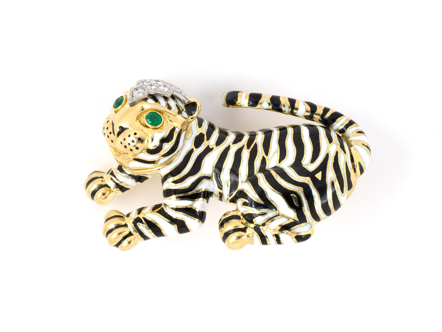 24077 - SOLD - Webb Gold Platinum Emerald Diamond Enamel Tiger Brooch Pin
