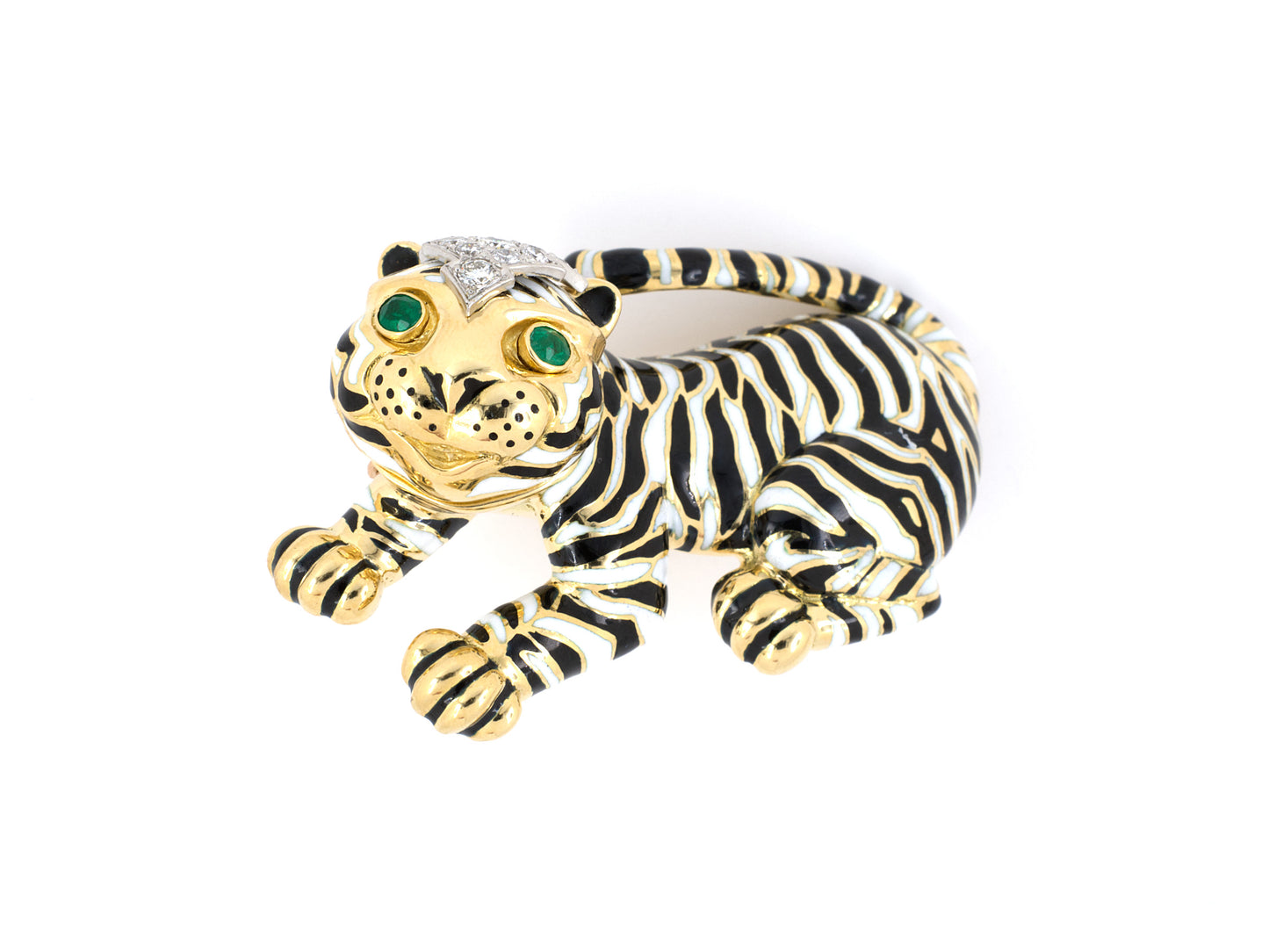 24077 - SOLD - Webb Gold Platinum Emerald Diamond Enamel Tiger Brooch Pin