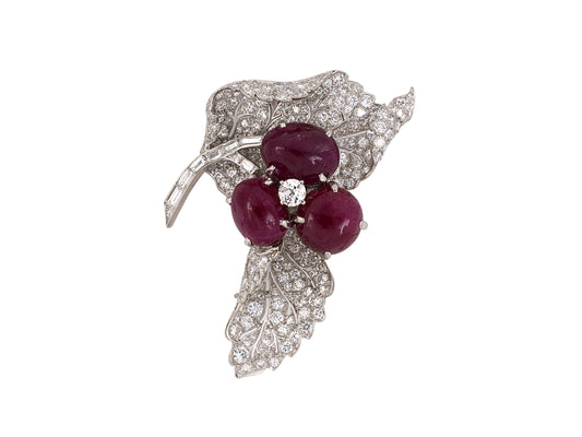 24089 - SOLD - Art Deco Platinum Diamond Sapphire Ruby Interchangeable Floral Leaf Clip Pin