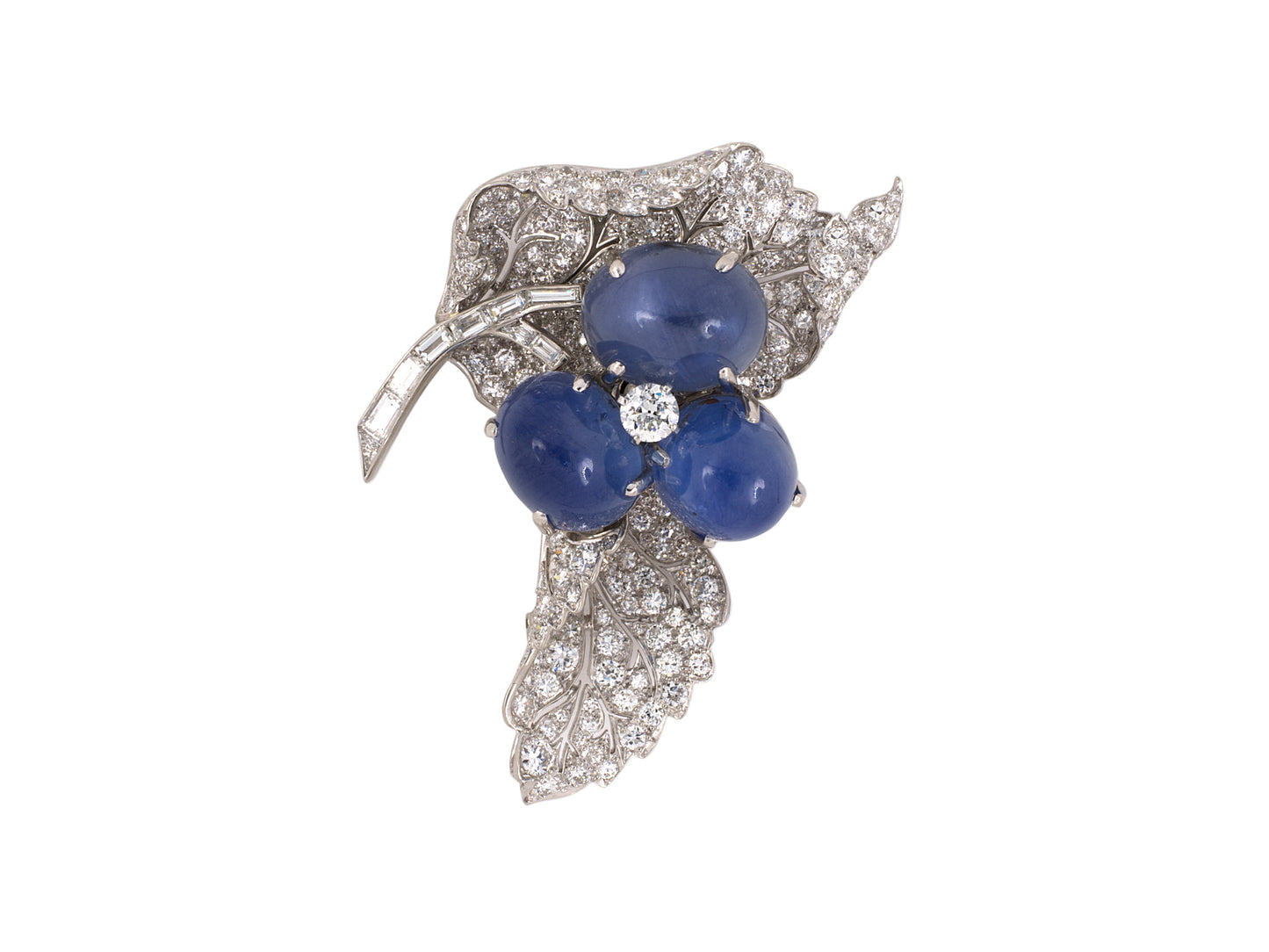 24089 - SOLD - Art Deco Platinum Diamond Sapphire Ruby Interchangeable Floral Leaf Clip Pin