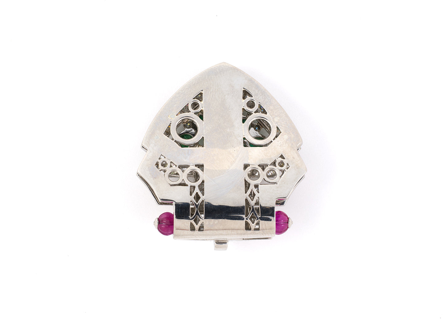 24091 - Art Deco Lacloche French Platinum Diamond Ruby Emerald Tutti Frutti Clip Pin