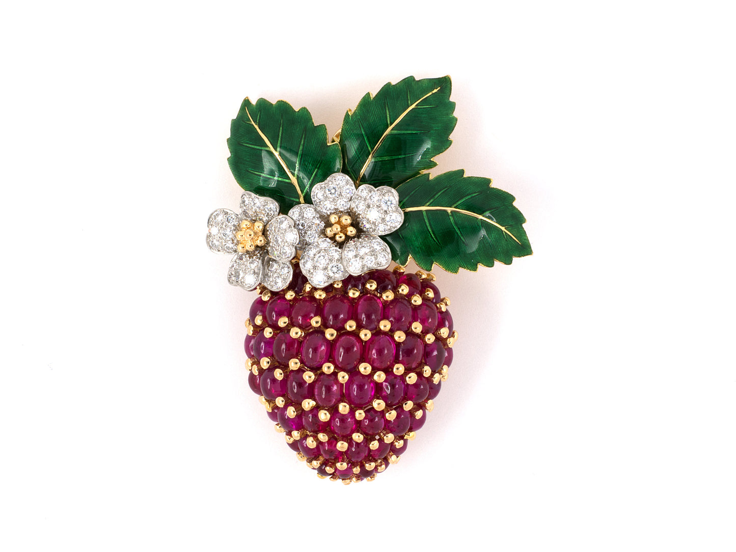 24095 - SOLD - Circa 2000 Oscar Heyman Gold Platinum Diamond Ruby Enamel Strawberry Pendant Pin