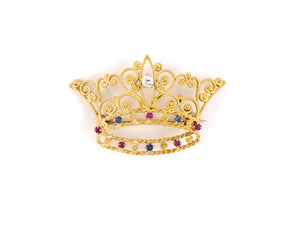 24096 - Victorian Gold Diamond Sapphire Ruby Crown Pin