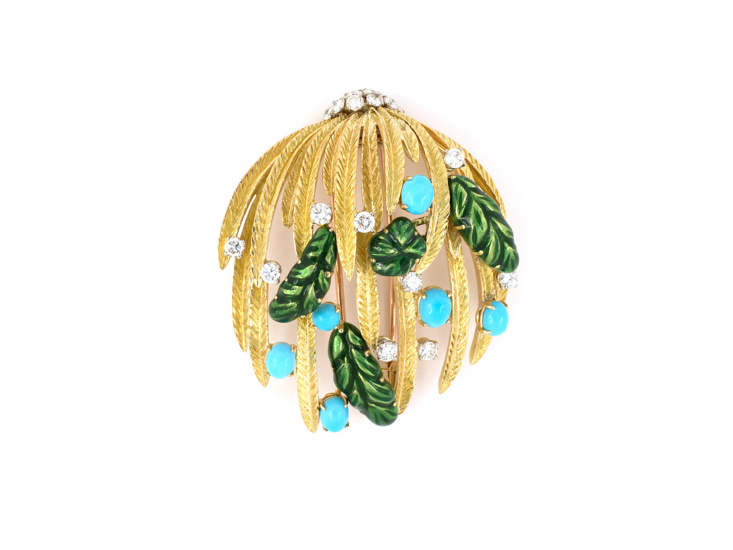 24101 - SOLD - Circa 1960s French Gold Platinum Diamond Turquoise Green Enamel Palm Tree Clip Pin