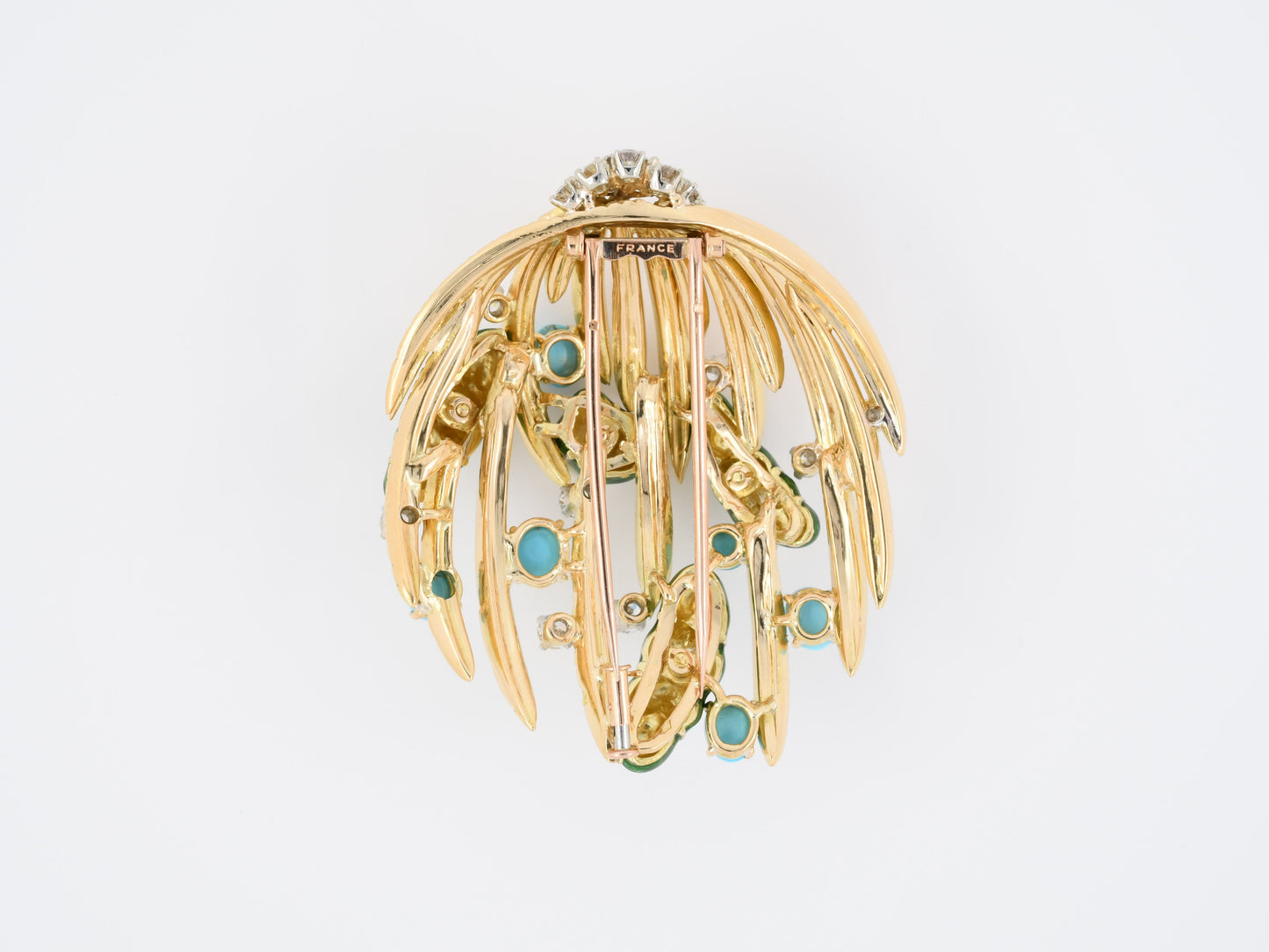 24101 - SOLD - Circa 1960s French Gold Platinum Diamond Turquoise Green Enamel Palm Tree Clip Pin