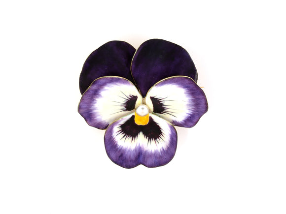 24110 - Victorian A. J. Hedges Co Gold Pearl Enamel Pansy Flower Pin
