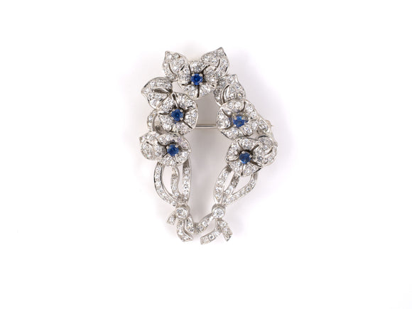 24119 - Circa 1940 Platinum Diamond Sapphire Floral Bow Pin