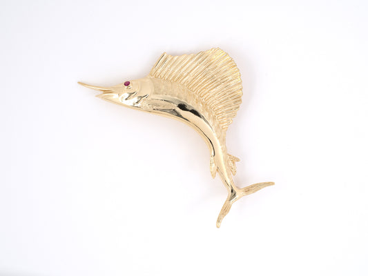 24127 - SOLD - Gold Ruby Carved Sailfish Pin