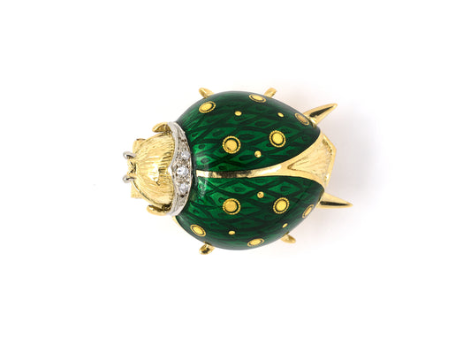 24138 - SOLD - Van Cleef & Arpels Gold Diamond Green Enamel  Lady Bug Beetle Pin