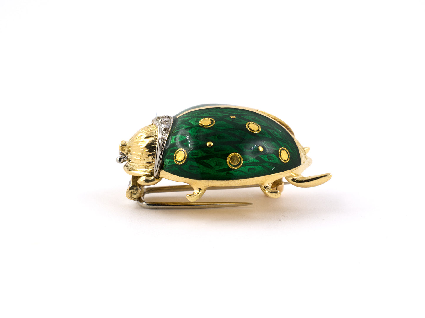 24138 - SOLD - Van Cleef & Arpels Gold Diamond Green Enamel  Lady Bug Beetle Pin