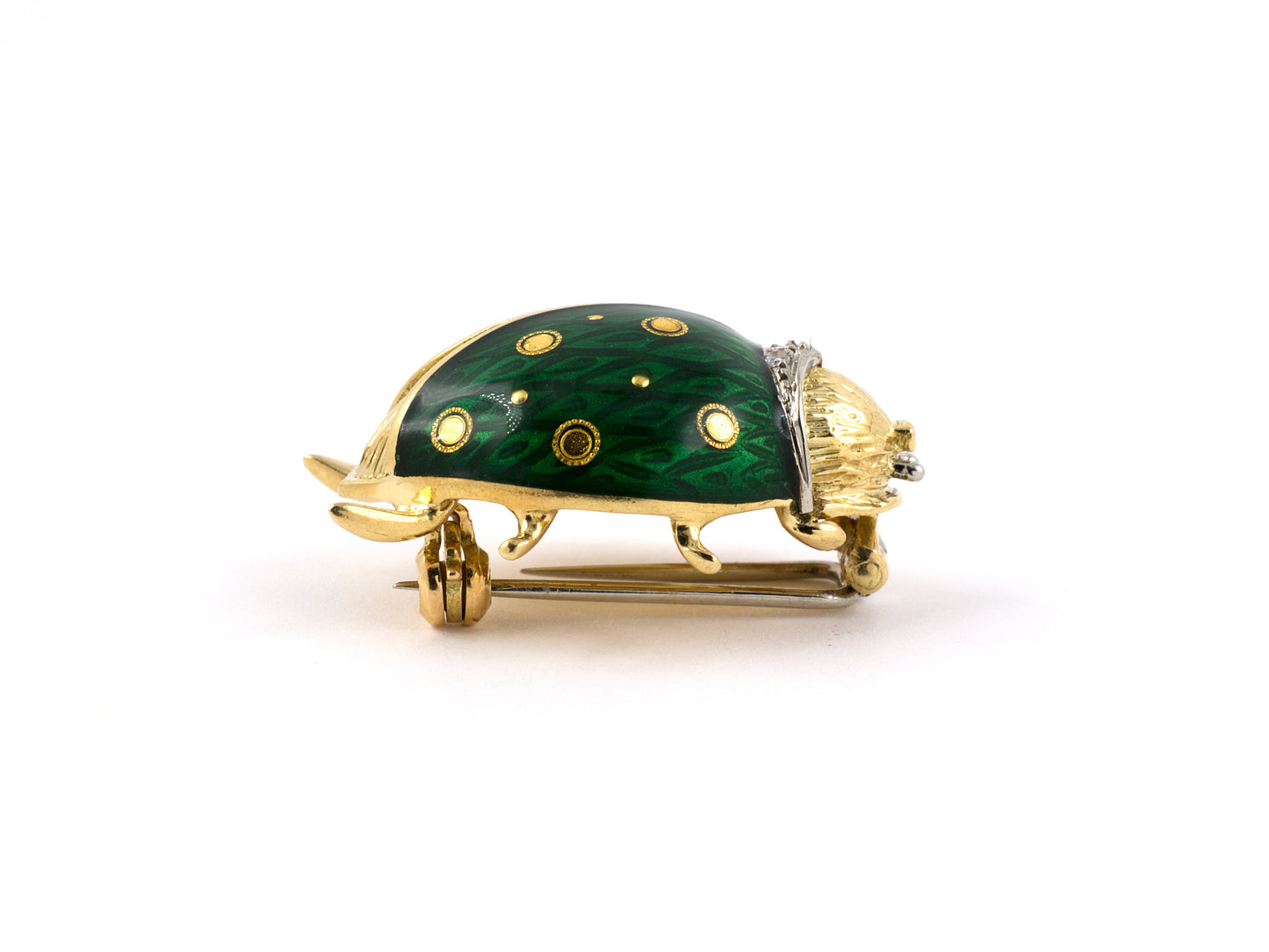 24138 - SOLD - Van Cleef & Arpels Gold Diamond Green Enamel  Lady Bug Beetle Pin