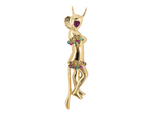 24149 - Circa 1945 Pohoomull Brothers Uti French Gold Ruby Emerald Rondel She-Devil Pin