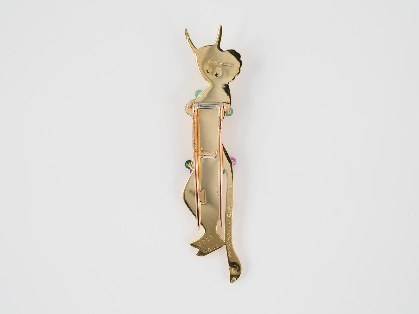 24149 - Circa 1945 Pohoomull Brothers Uti French Gold Ruby Emerald Rondel She-Devil Pin