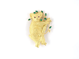 24152 - SOLD - Albarre-St.Louis Gold Emerald Ruby Carved Koala Bear InTree Pin