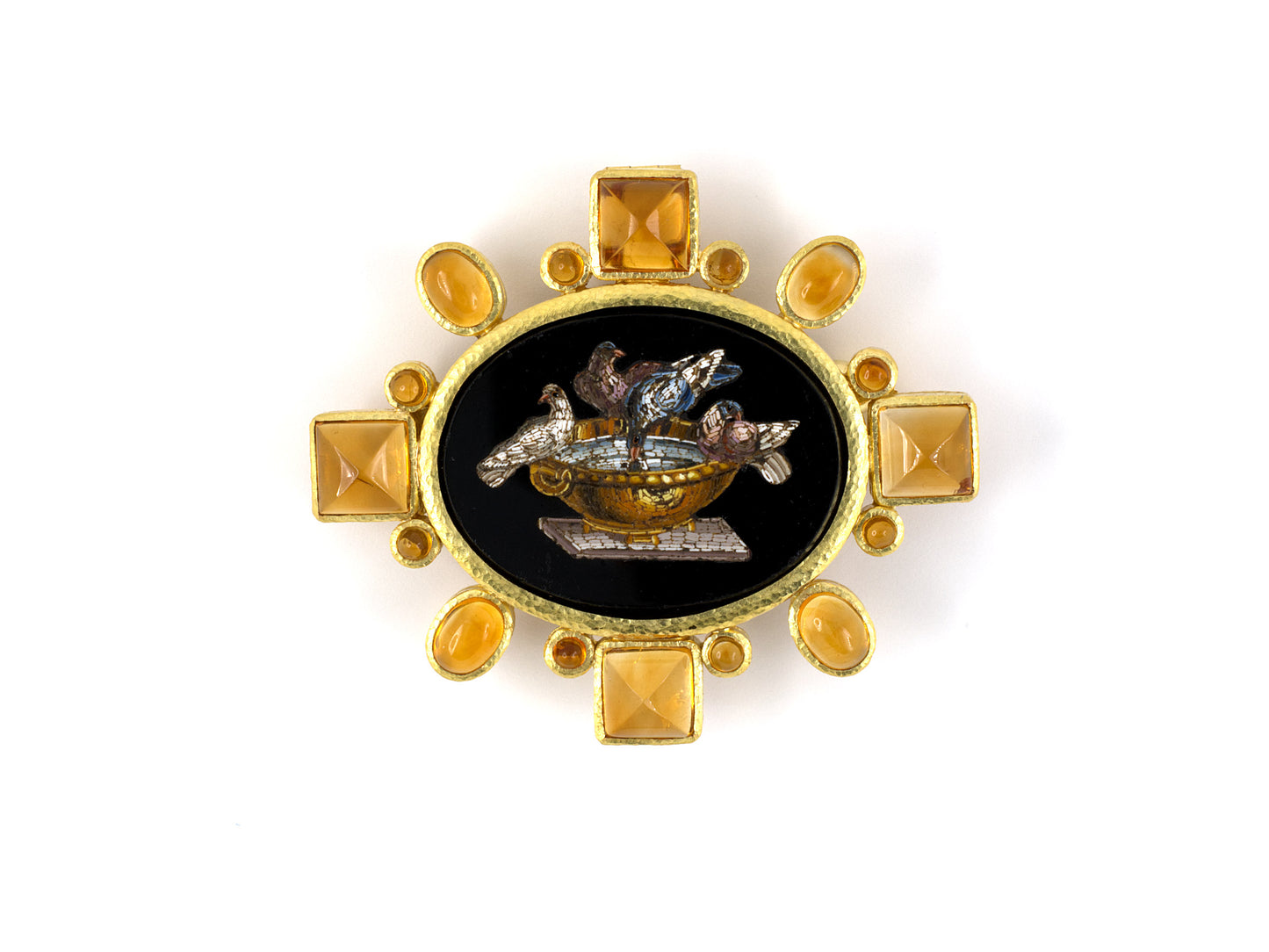 24161 - SOLD - Circa 1998 Elizabeth Locke Hammered Gold Citrine Micro Mosaic Dove Bird In Birdbath Clip Pin With Hinged Pendant Attachment