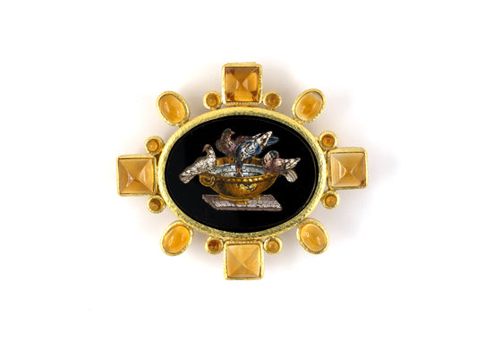 24161 - SOLD - Circa 1998 Elizabeth Locke Hammered Gold Citrine Micro Mosaic Dove Bird In Birdbath Clip Pin With Hinged Pendant Attachment