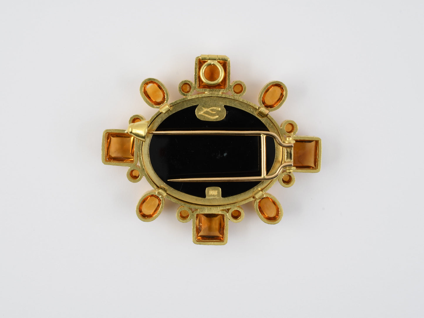 24161 - SOLD - Circa 1998 Elizabeth Locke Hammered Gold Citrine Micro Mosaic Dove Bird In Birdbath Clip Pin With Hinged Pendant Attachment