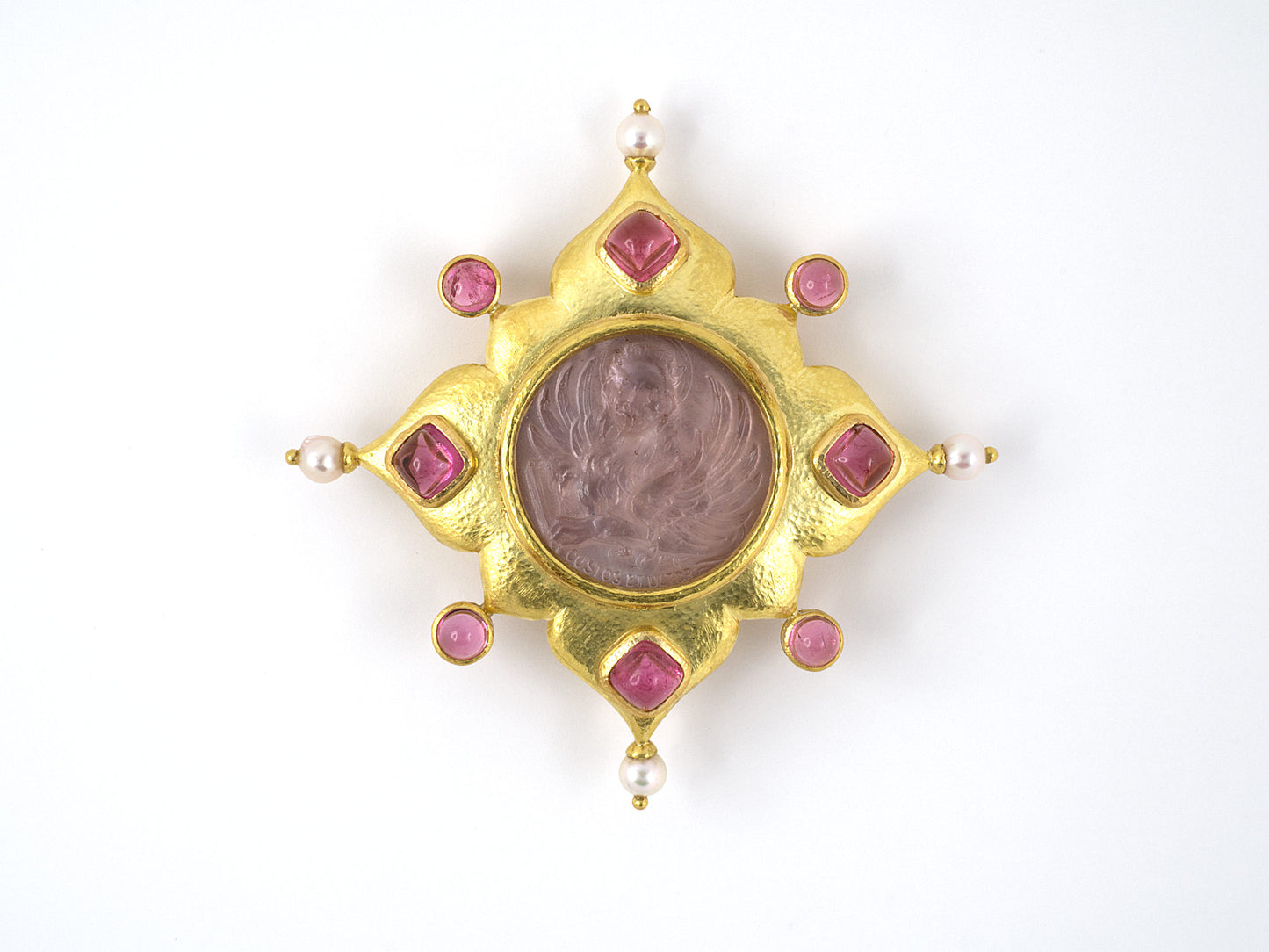 24162 - SOLD - Circa 1994 Elizabeth Locke Gold Pink Tourmaline Pearl Mother of Pearl Venetian Glass Carved Intaglio Lion Center Clip Pin