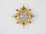 24162 - Circa 1994 Elizabeth Locke Gold Pink Tourmaline Pearl Mother of Pearl Venetian Glass Carved Intaglio Lion Center Clip Pin