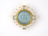 24163 - Circa 1999 Elizabeth Locke Gold Aqua Pearl Mother Of Pearl Venetian Glass Carved Intaglio Center Clip Pin With Hinged Pendant Attachment