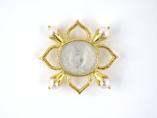24164 - Elizabeth Locke Gold Pearl Center Mother Of Pearl Venetian Glass Carved Intaglio Floral Design Clip Pin