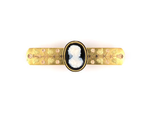 24187 - SOLD - Victorian Tri-Color Gold Cameo Leaf Motif Bar Pin With Chatelaine Hook