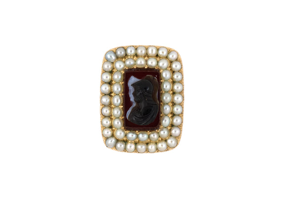 24188 - Georgian Gold Pearl Black White Red Carnelian Stone Cameo Cluster Pin