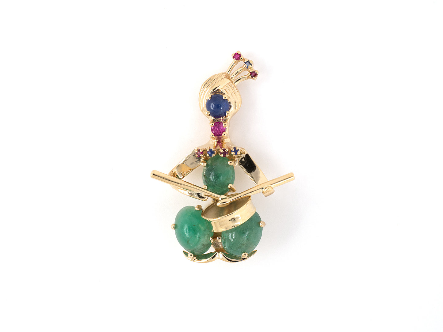 24191 - SOLD - Circa 1950 Gold Emerald Ruby Sapphire Drum Player Pin