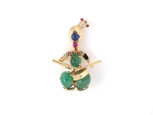 24191 - SOLD - Circa 1950 Gold Emerald Ruby Sapphire Drum Player Pin