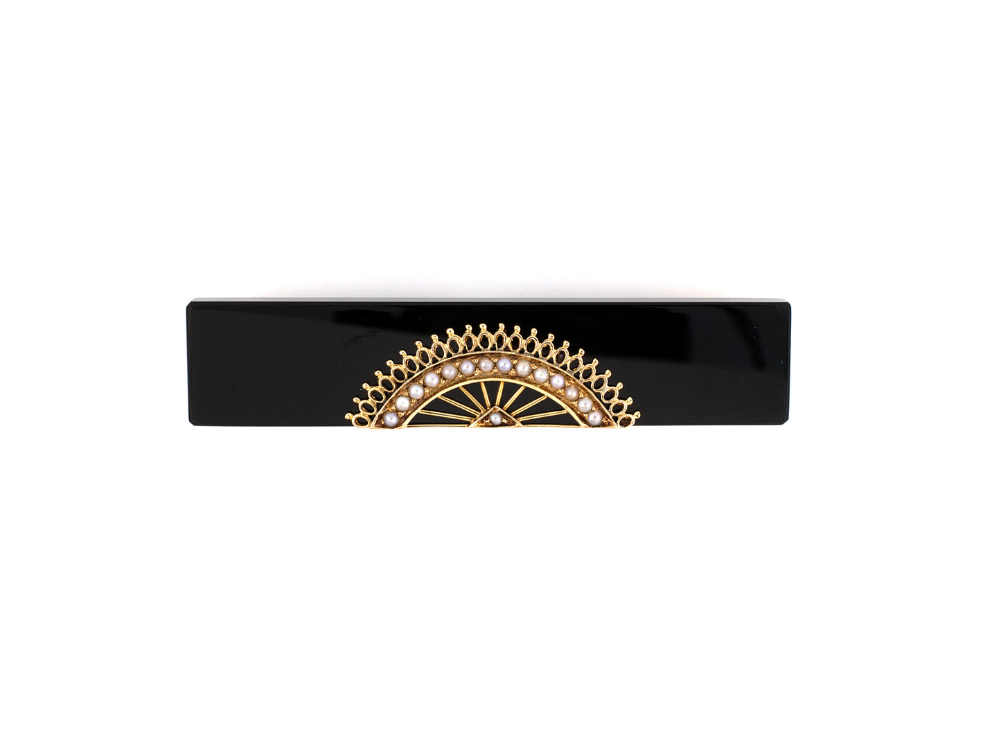 24192 - Circa 1815 Victorian Gold Black Onyx Pearl Mourning Bar Pin
