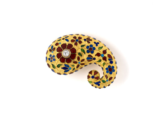 24198 - Circa 1850 Victorian Gold Platinum Diamond Enamel Cornucopia Pin