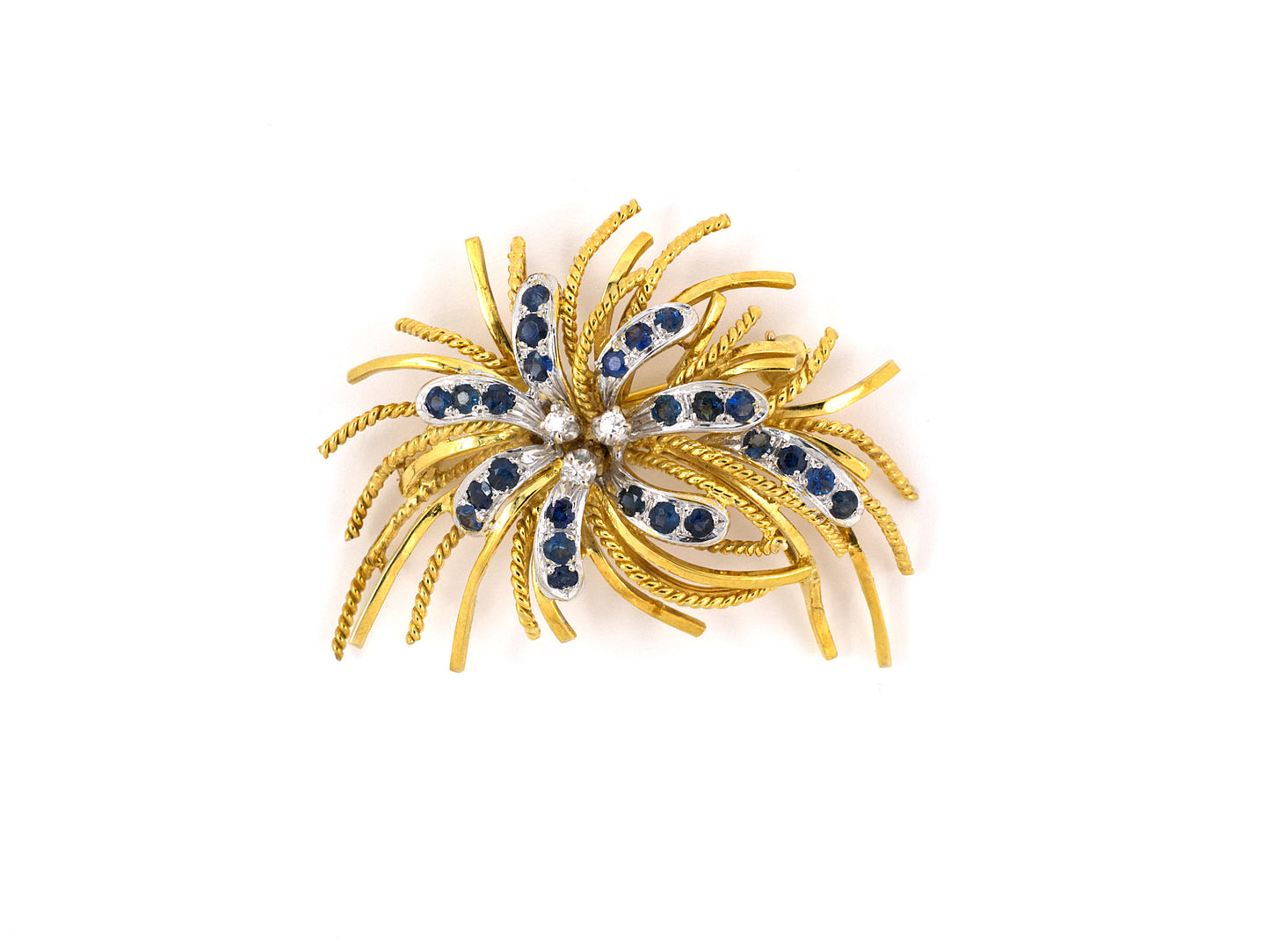 24199 - SOLD - Platinum Gold Diamond Sapphire Leaf Cluster Spray Pin